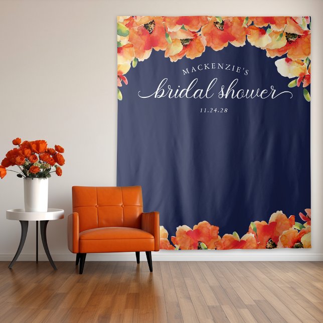 Navy Blue Golden Poppy Bridal Shower Backdrop (Navy Blue Golden Poppy Bridal Shower Backdrop)