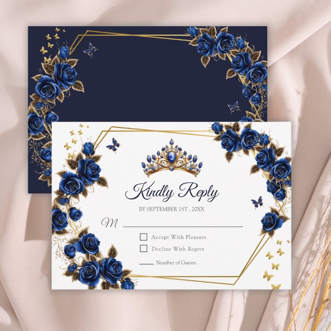 Navy Blue Golden Roses Tiara Quinceañera RSVP Card (Creator Uploaded)