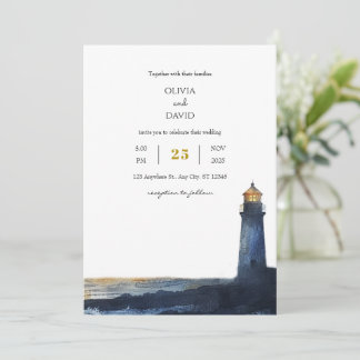 Navy Blue Golden Sunset Lighthouse Beach Wedding Invitation