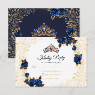 Navy Blue Golden Tiara Floral Rose Quinceañera RSVP Card