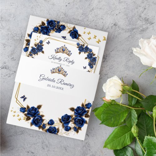 Navy Blue Golden Tiara Quinceañera Invitation Belly Band