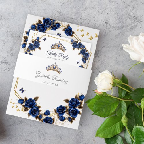 Navy Blue Golden Tiara Quinceañera Invitation Belly Band