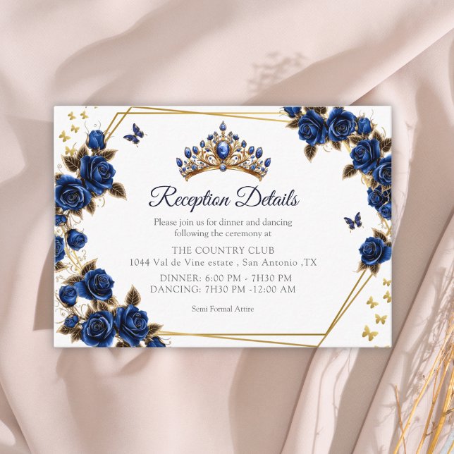 Navy Blue Golden Tiara Roses Butterfly Quinceañera Enclosure Card (Creator Uploaded)