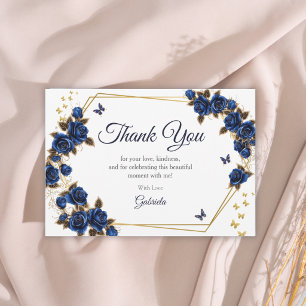 Navy Blue Golden Tiara Roses Butterfly Quinceañera Thank You Card