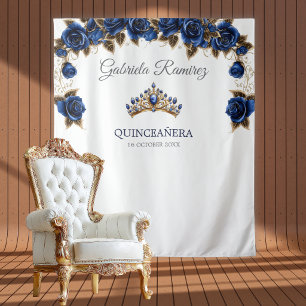 Navy Blue Golden Tiara Roses Quinceañera Backdrop