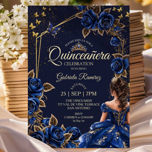 Navy Blue Golden Tiara Roses  Quinceañera Invitation (Creator Uploaded)