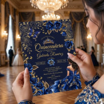 Navy Blue Golden Tiara Roses Quinceañera