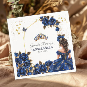 Navy Blue Golden Tiara Roses Quinceañera Napkins