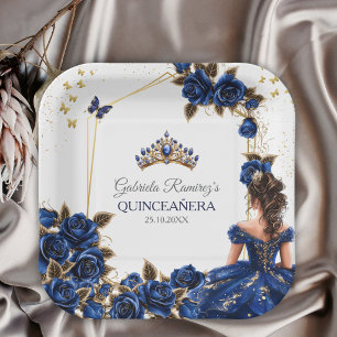 Navy Blue Golden Tiara Roses Quinceañera Paper Plates