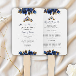 Navy Blue Golden Tiara Roses Quinceañera Program Hand Fan