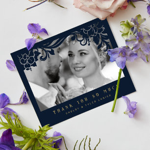 Navy Blue & Golden Vintage Retro Ornament Frame Thank You Card