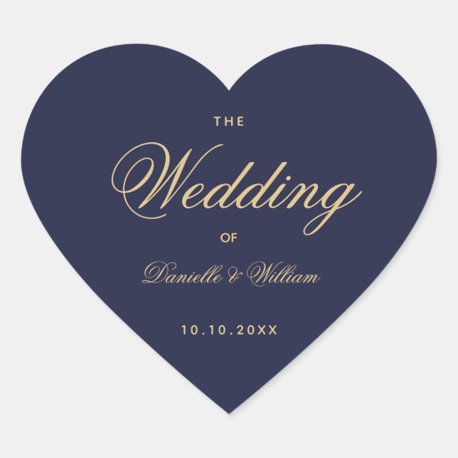 Navy Blue Golden Wedding Heart Elegant Calligraphy Sticker (Front)