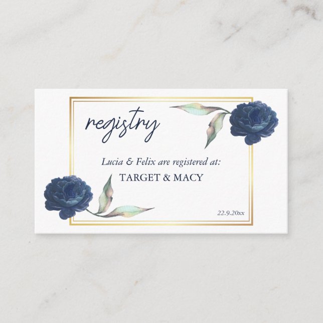 Navy Blue GoldFrame Floral Wedding Registered Card (Front)