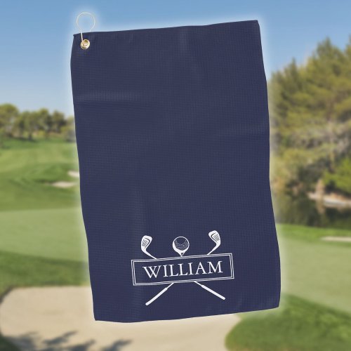 Navy Blue Golf Clubs And Ball Personalized Name Golf Towel