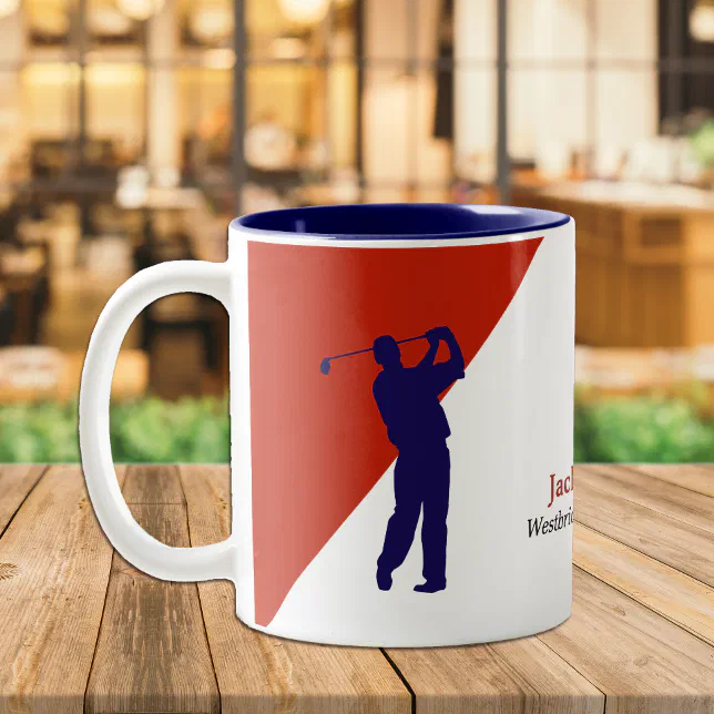 Navy Blue Golfer on Red Diagonal Two-Tone Coffee Mug | Zazzle