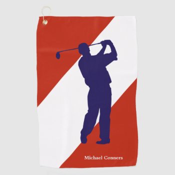 Navy Blue Golfer On Red White Golf Towel by Westerngirl2 at Zazzle