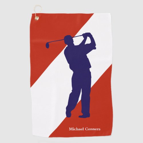 Navy Blue Golfer on Red White Golf Towel