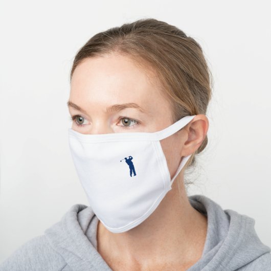Navy Blue Golfer Silhouette White Cotton Face Mask (Angled)