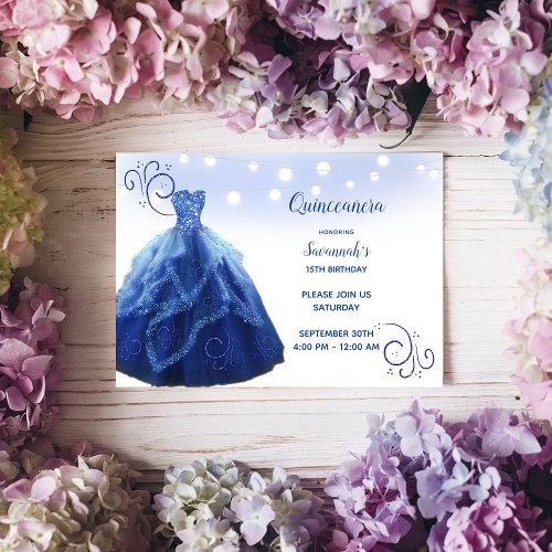 Navy Blue Gown String Lights Quinceanera Invitation