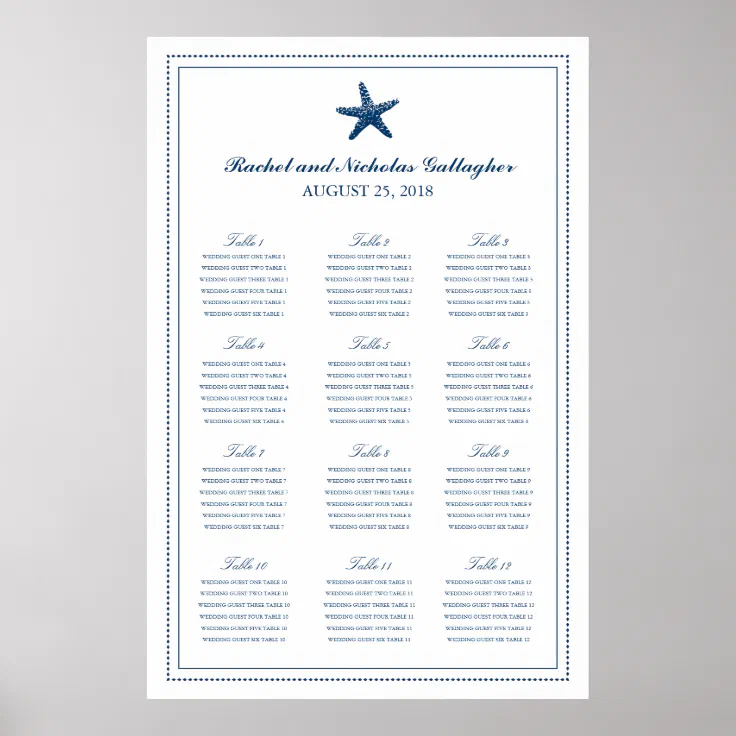 Navy Blue Graceful Starfish 24 x 36 Seating Chart Zazzle