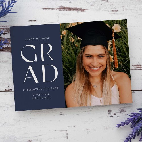 Navy Blue Grad Block Modern Photo Graduation Invitation