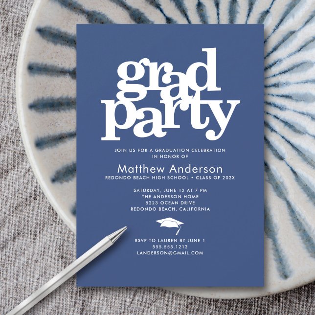 Navy blue grad party modern bold typography simple invitation (Creator Uploaded)