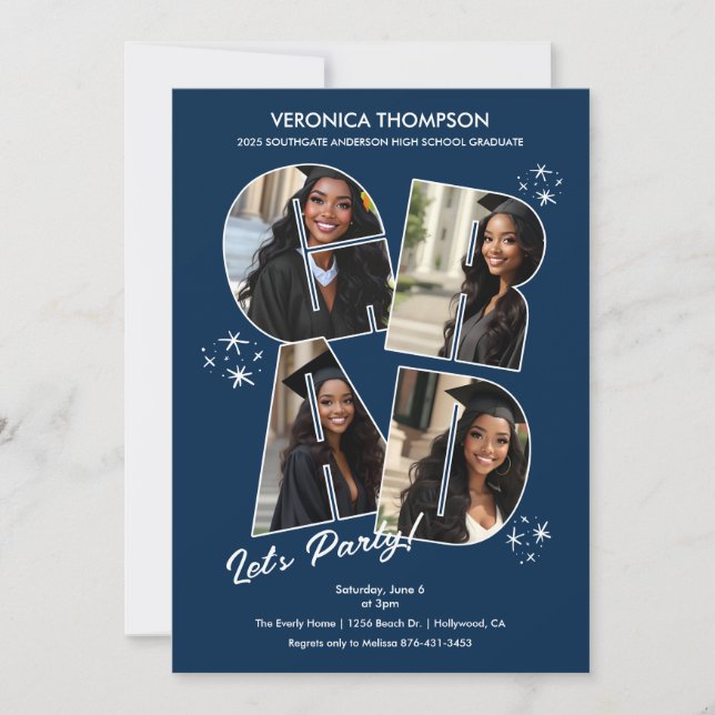 Navy Blue GRAD Photo Collage Graduation Party Invitation (Front)