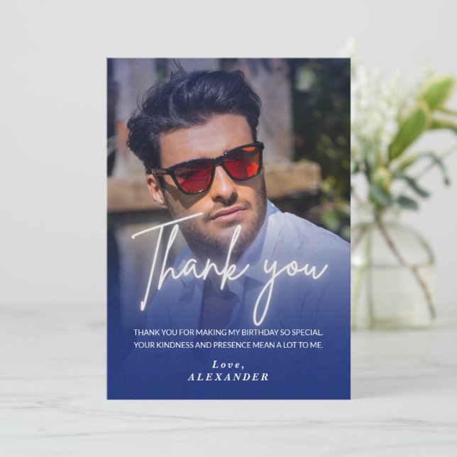 Navy blue Gradient Photo Birthday Thank you card (Standing Front)