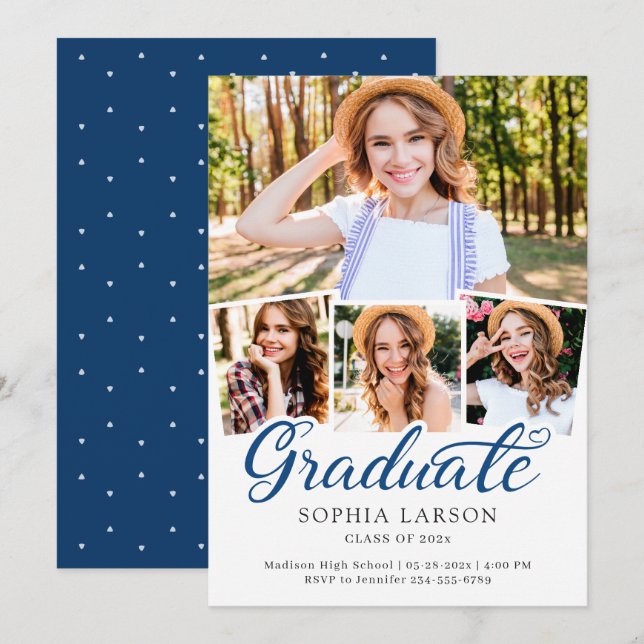 Navy Blue Graduate 4 Photo Collage Graduation Announcement (Front/Back)
