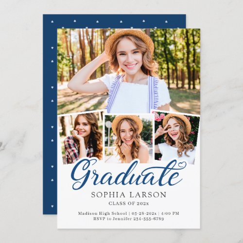 Navy Blue Graduate 4 Photo Collage Graduation Announcement