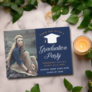 Navy Blue Graduate Photo Elegant Graduation Party Invitation