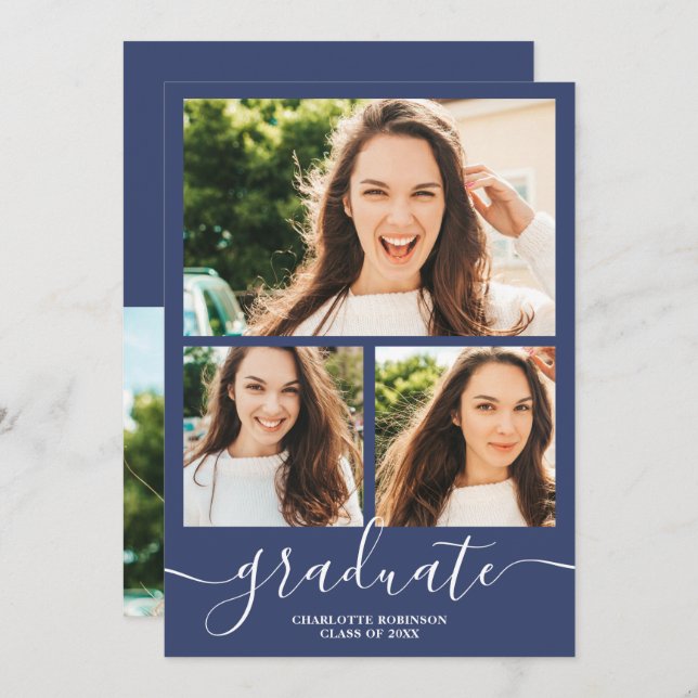 Navy blue graduate script 4 photos graduation invitation (Front/Back)