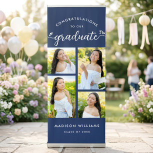 Navy Blue Graduation 4 Photo Collage Script Hearts Retractable Banner