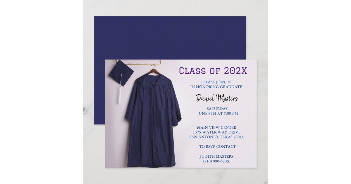 Navy Blue graduation cap and gown invitations | Zazzle
