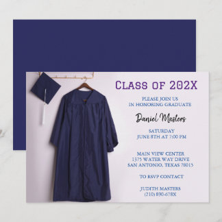 Navy Blue graduation cap and gown invitations
