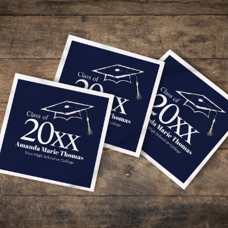 Navy Blue Graduation Cap Class of 20XX Name Napkins