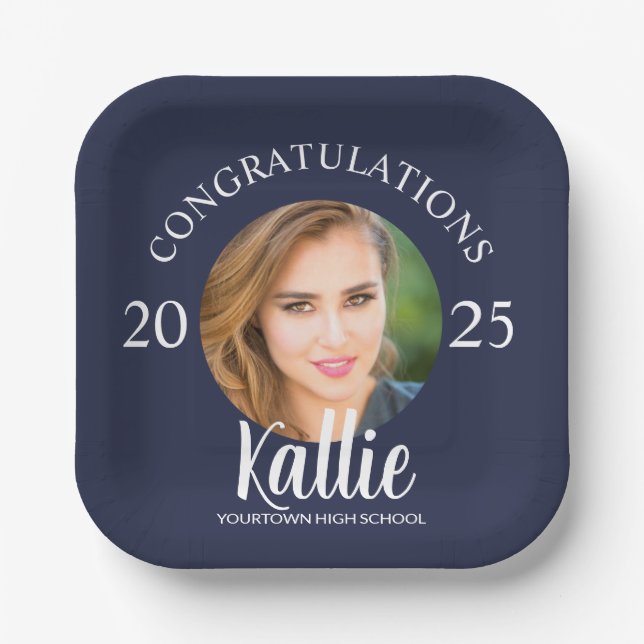 Navy Blue Graduation Congratulations Photo Paper Plates (Front)