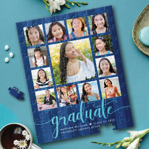 Navy Blue Graduation K–12 13 Photo Collage Script Jigsaw Puzzle