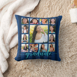Navy Blue Graduation K–12 Photo Collage Script Throw Pillow