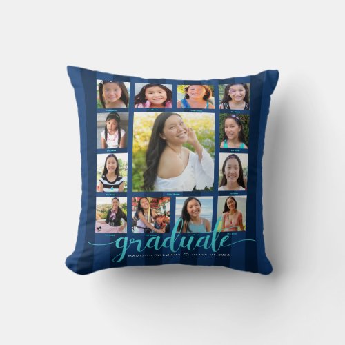 Navy Blue Graduation K12 Photo Collage Script Throw Pillow