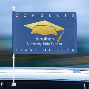 Navy Blue Graduation Modern Simple Bold Gold Cap Car Flag