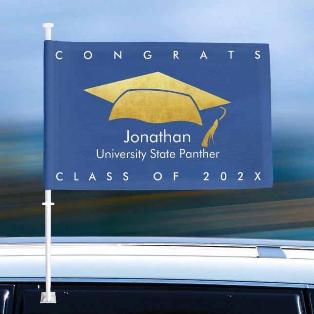 Navy Blue Graduation Modern Simple Bold Gold Cap Car Flag (Creator Uploaded)