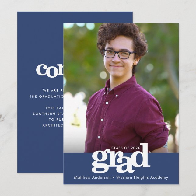 Navy blue graduation photo bold modern typography announcement (Front/Back)