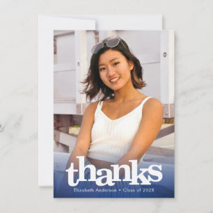 Navy blue graduation photo bold modern typography thank you card