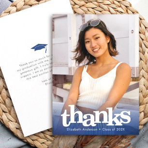 Navy blue graduation photo bold modern typography thank you card