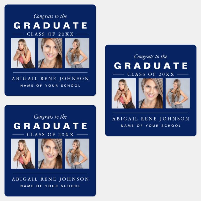 Navy Blue Graduation Photo Collage Custom Labels (Group)