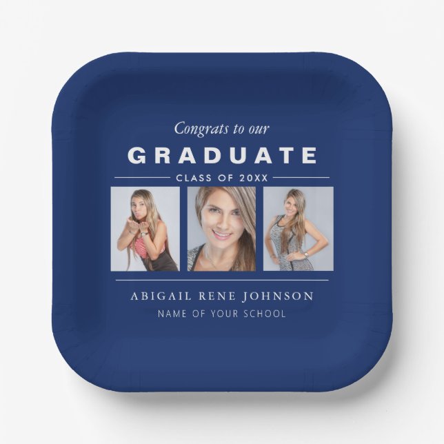 Navy Blue Graduation Photo Collage Personalized Paper Plates (Front)