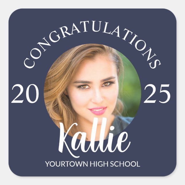 Navy Blue Graduation Photo Congratulations Class Square Sticker (Front)