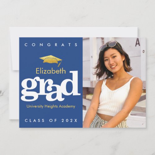 Navy blue graduation photo gold cap modern bold  announcement