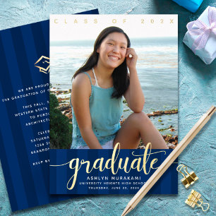 Navy blue graduation photo modern script real gold foil invitation